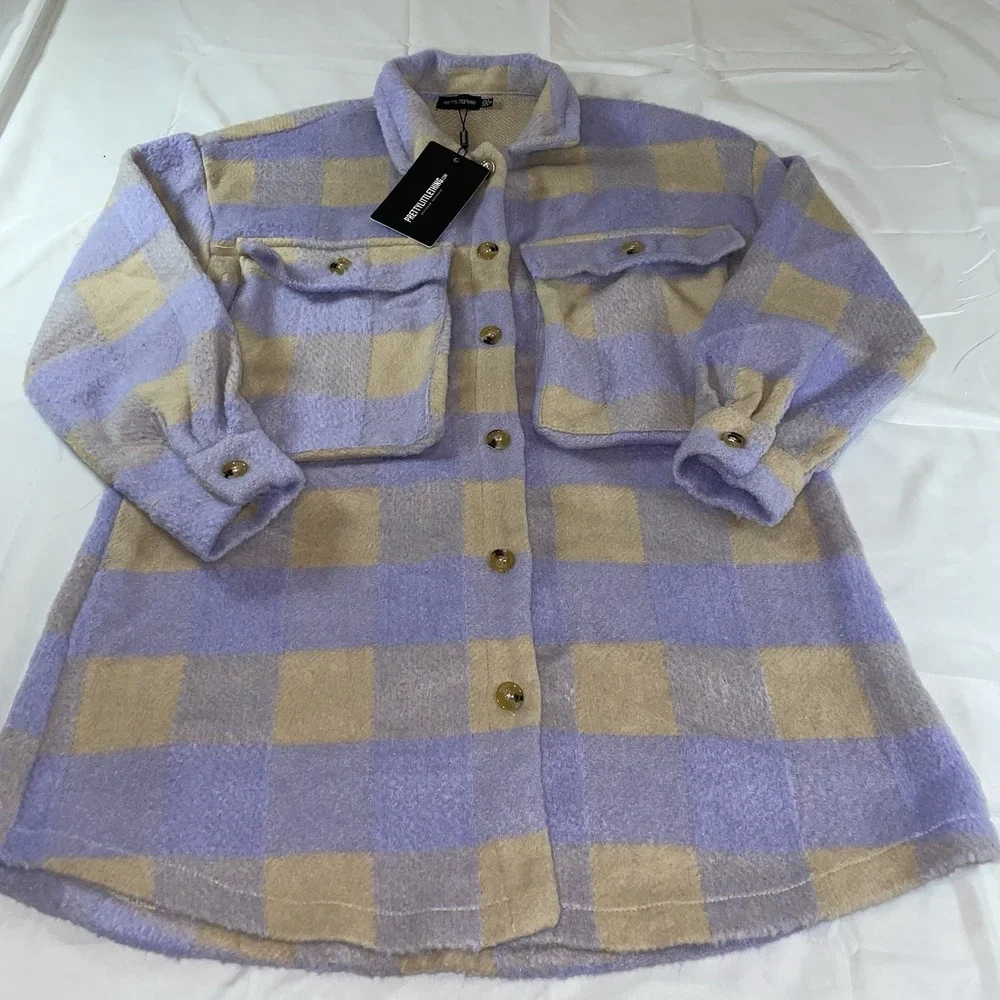PrettyLittleThing Purple Beige Check Brushed Oversized Shacket Womens Size 4 NEW